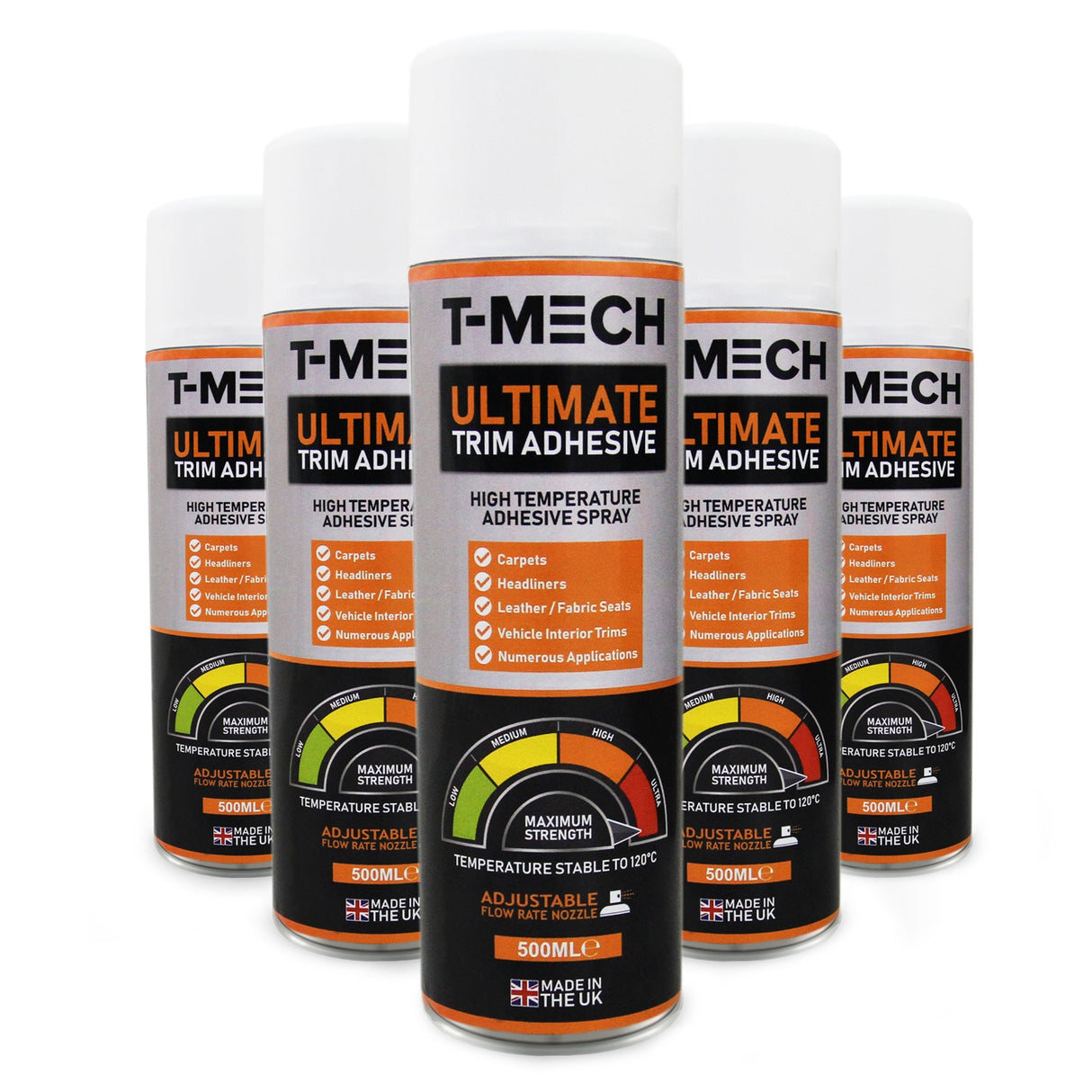Adesivo spray multiuso T-Mech da 500ml, confezione bianca con etichetta colorata, ideale per diverse applicazioni e materiali