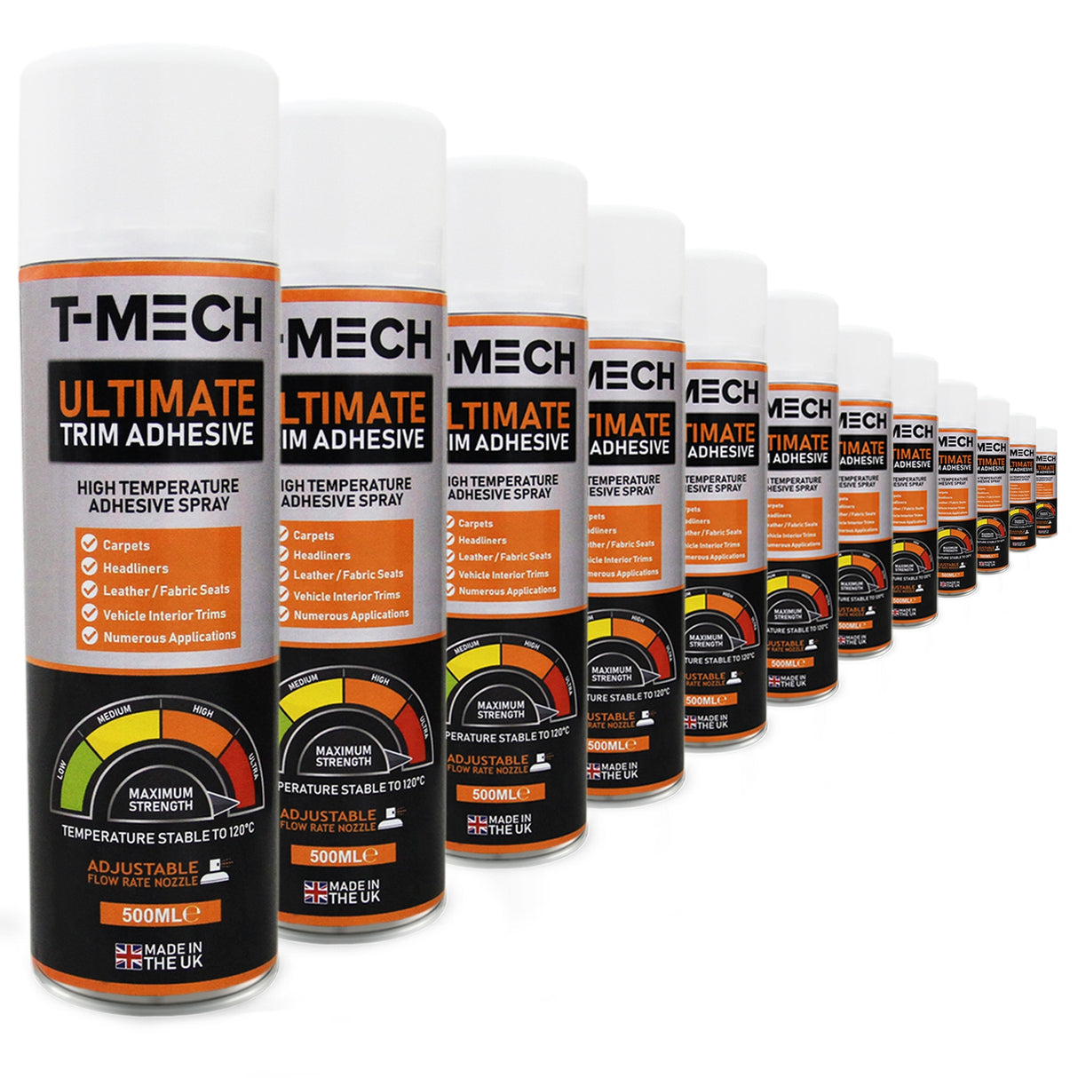 Adesivo spray multiuso T-Mech in bombole da 500ml, con etichetta nera e arancione, progettato per applicazioni ad alta temperatura