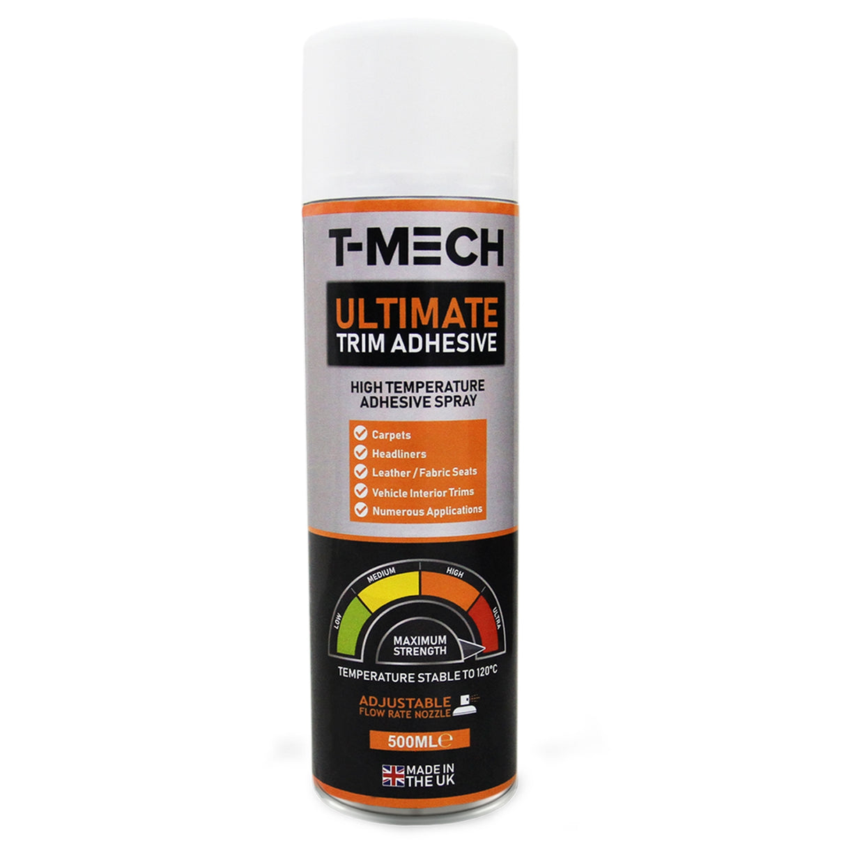 Adesivo spray T-Mech da 500ml, confezione bianca e nera, etichetta colorata con informazioni su applicazioni e temperatura massima