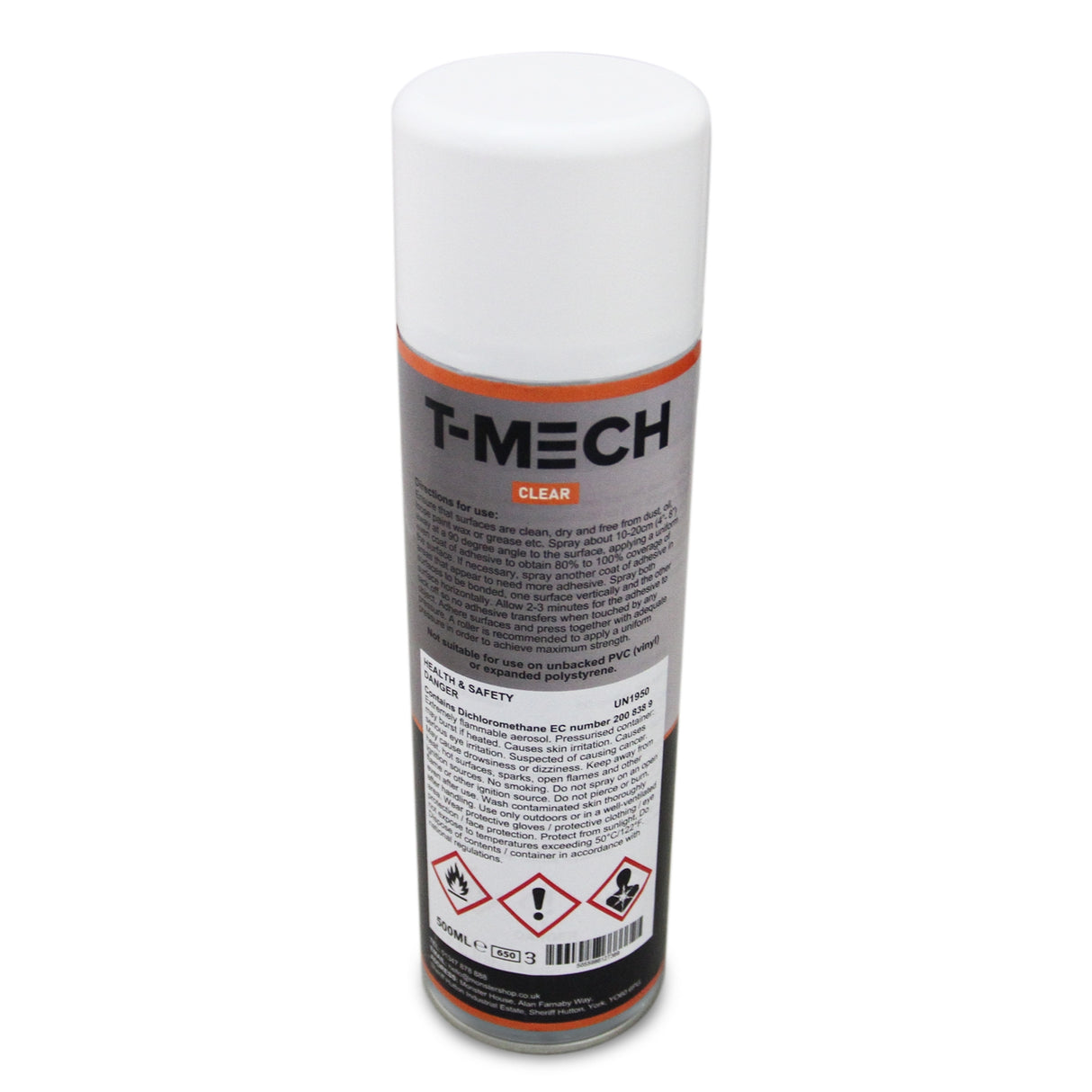 Adesivo spray multiuso T-Mech in bomboletta da 500ml, con etichetta informativa e tappo bianco, fondo grigio e dettagli arancioni