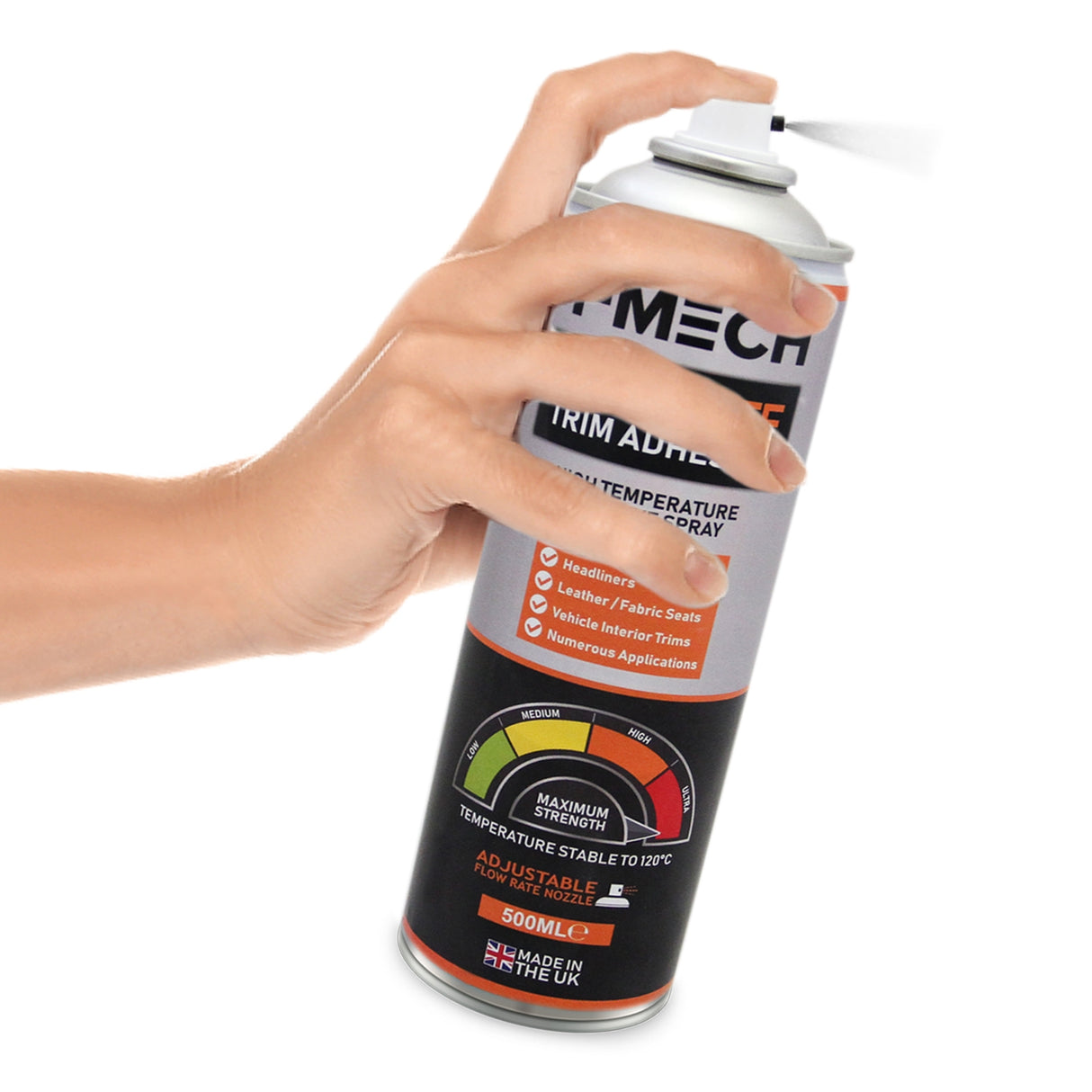 Adesivo spray multiuso T-Mech da 500ml, con manico ergonomico e etichetta colorata, ideale per riparazioni su tessuti e interni auto