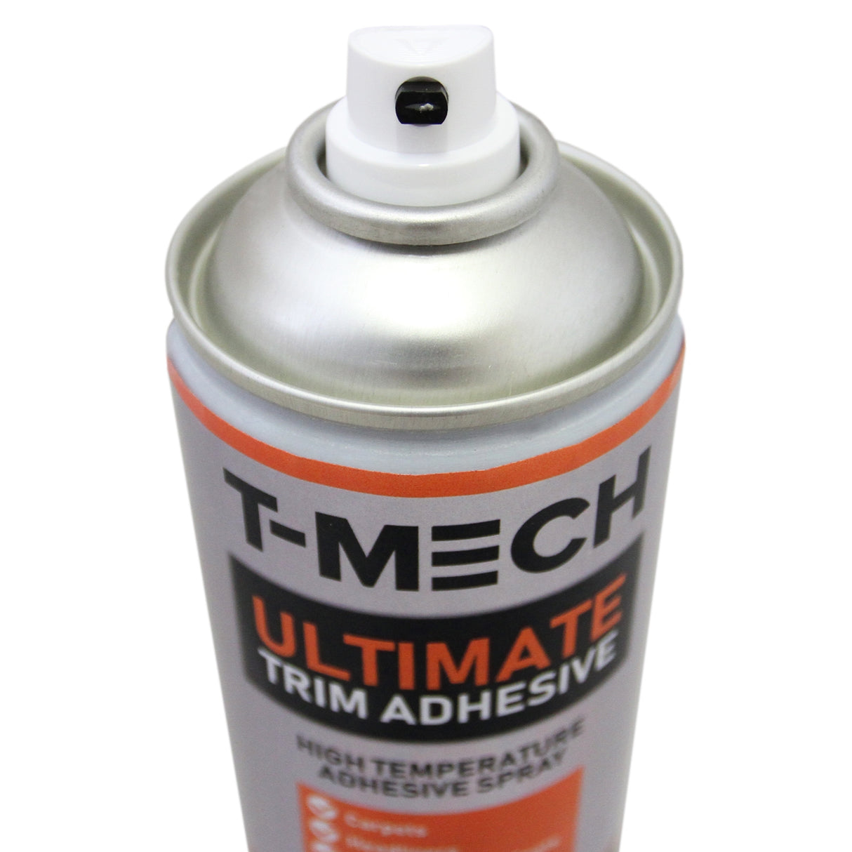 Adesivo spray multiuso T-Mech in bomboletta grigia e arancione, con erogatore nero, ideale per alte temperature e vari materiali