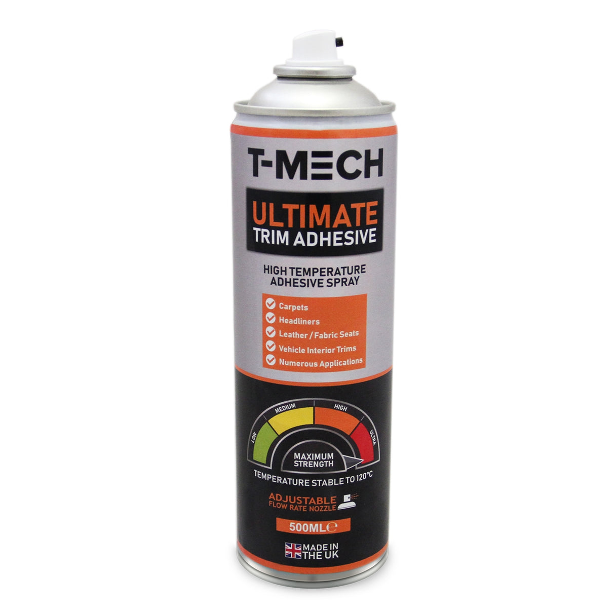 Adesivo spray multiuso T-Mech da 500ml, confezione argentata con etichetta arancione e nera, resistente a temperature elevate