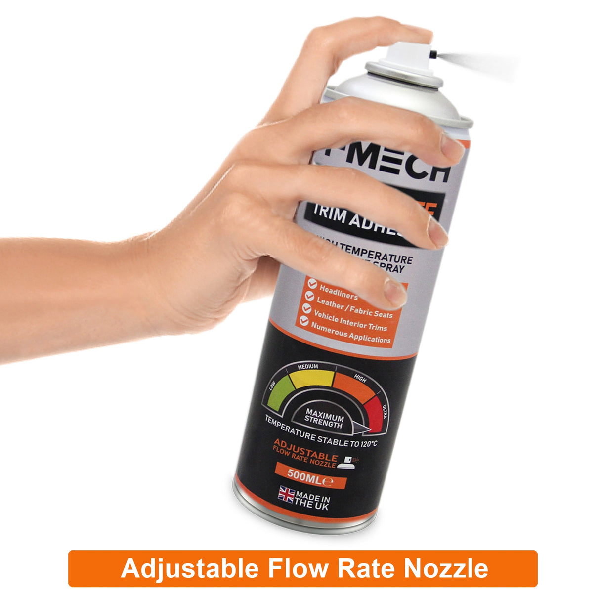 Adesivo spray multiuso T-Mech da 500ml con erogatore regolabile, maniglia ergonomica e grafica colorata su sfondo nero