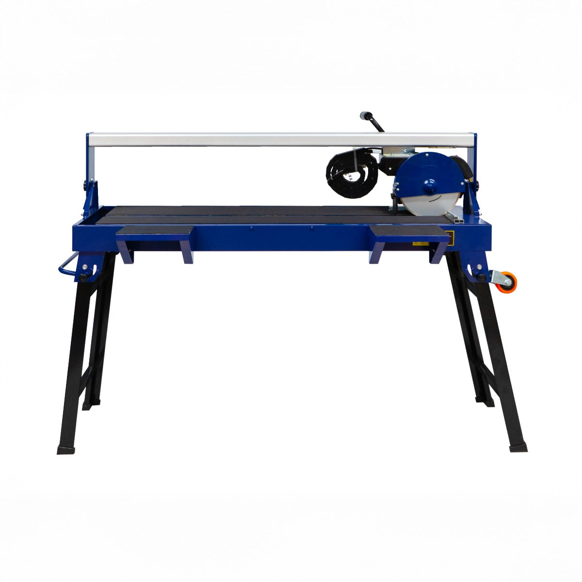 Tagliapiastrelle ad acqua T-mech da 920mm, struttura robusta blu, piano di lavoro nero, dotato di ruote e maniglia per il trasporto