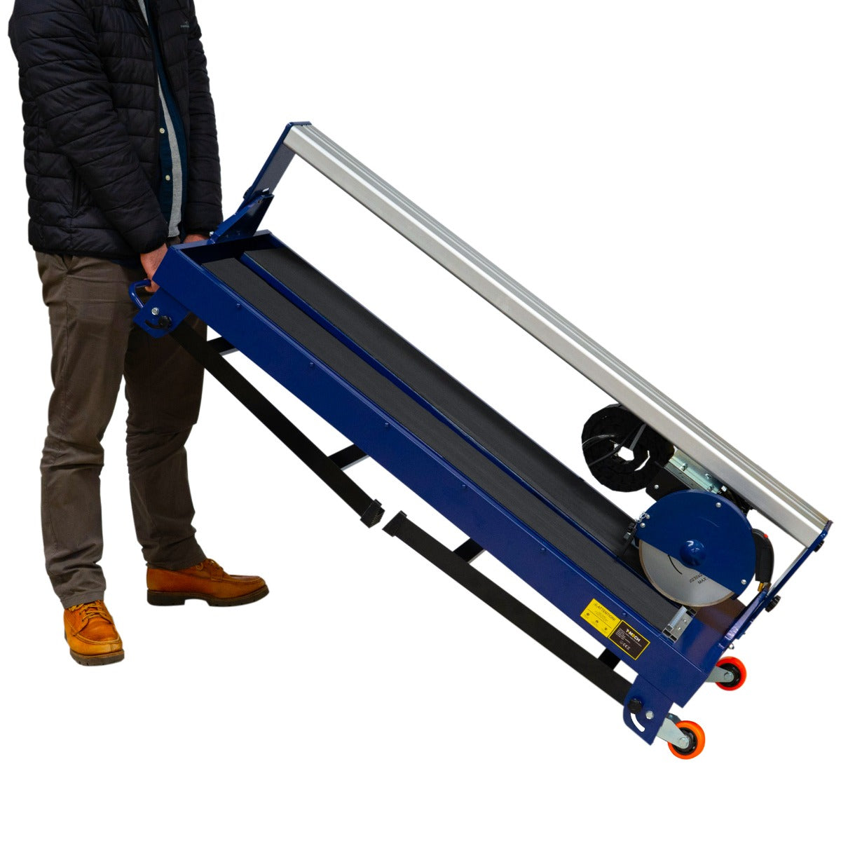 Tagliapiastrelle ad acqua T-mech da 920mm, struttura blu, ruote arancioni, design portatile e maneggevole, ideale per lavori di piastrellatura