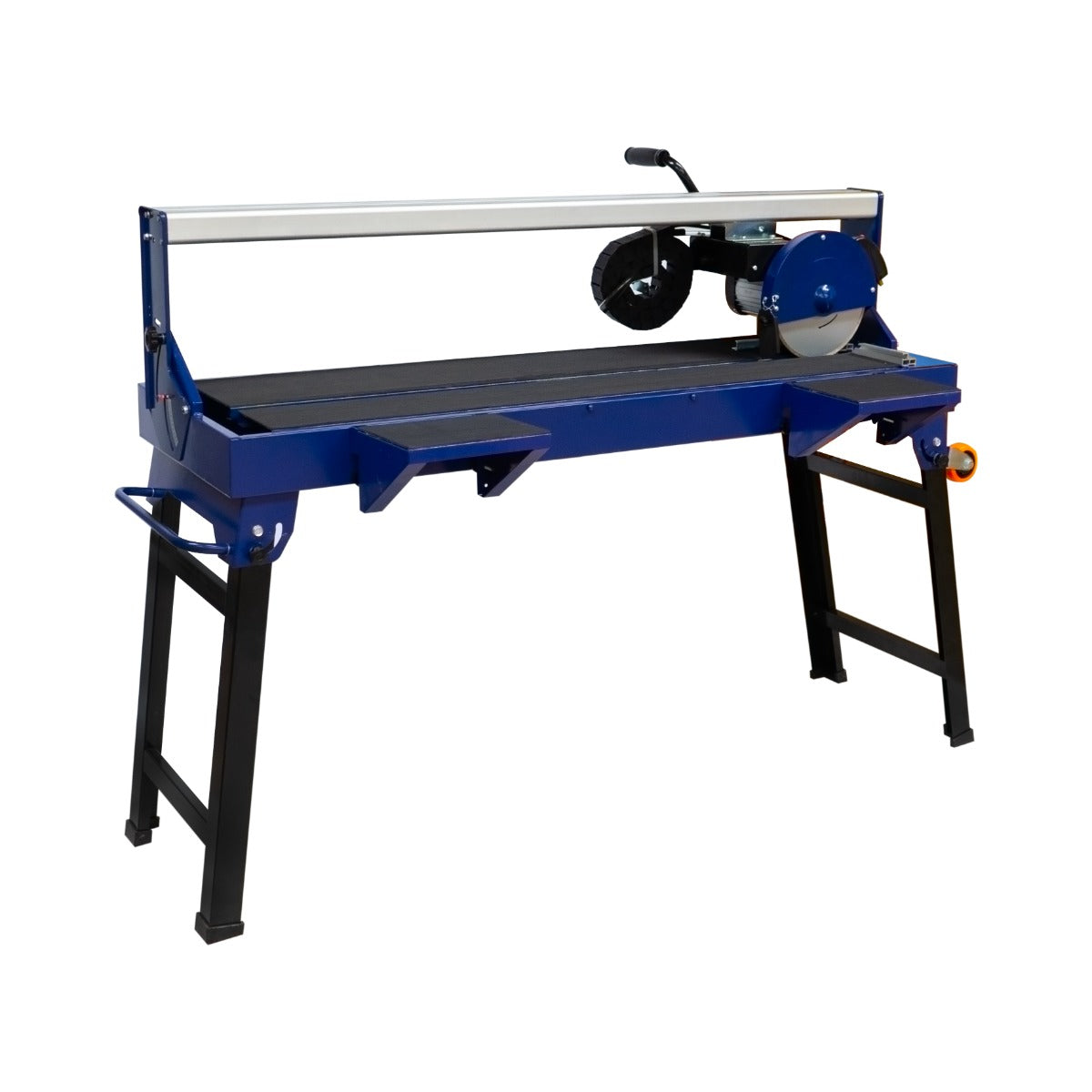 Tagliapiastrelle ad acqua T-mech da 920mm, struttura robusta blu, piano di lavoro in gomma nera, ruote per facilità di spostamento
