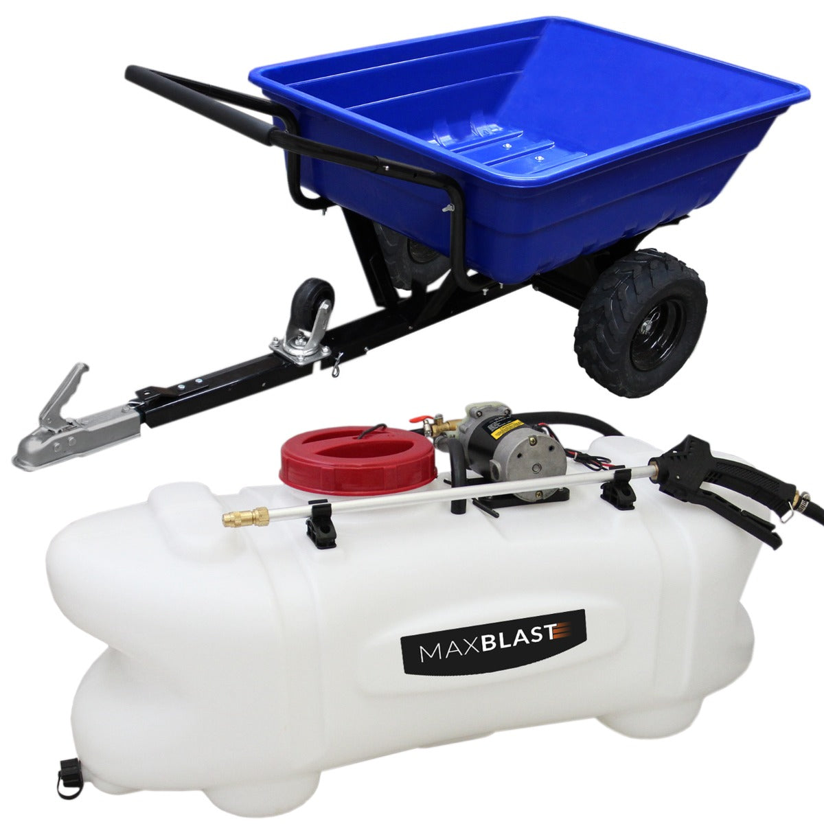Rimorchio ATV fuoristrada blu con ruote robuste e spruzzatore bianco da 60 litri, dotato di pompa e attacchi per uso agricolo
