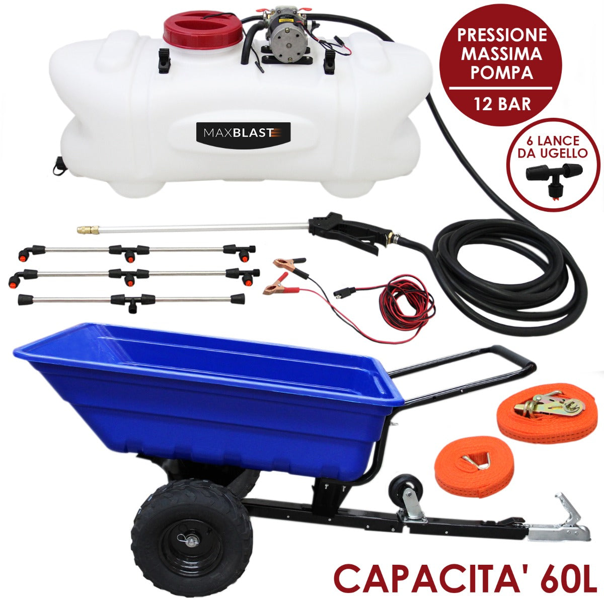 Rimorchio ATV blu con spruzzatore da 60 litri, tubi neri, lance e accessori per uso fuoristrada, robusto e versatile