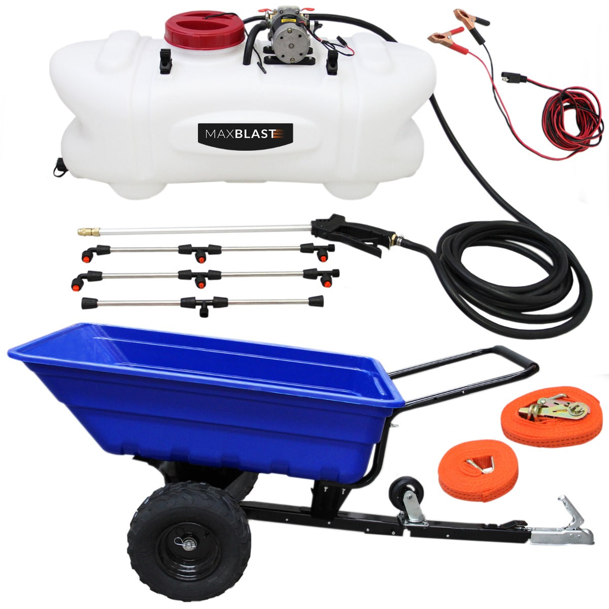 Rimorchio ATV blu con spruzzatore bianco da 100 litri, tubi neri e accessori per la manutenzione del terreno e giardinaggio