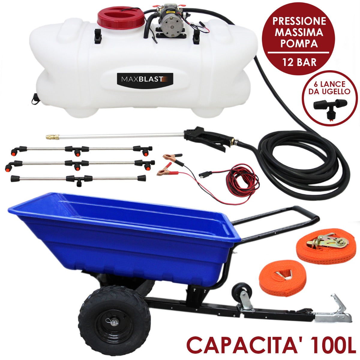 Rimorchio ATV blu con spruzzatore bianco da 100 litri, accessori inclusi come tubi e lance, progettato per uso fuoristrada