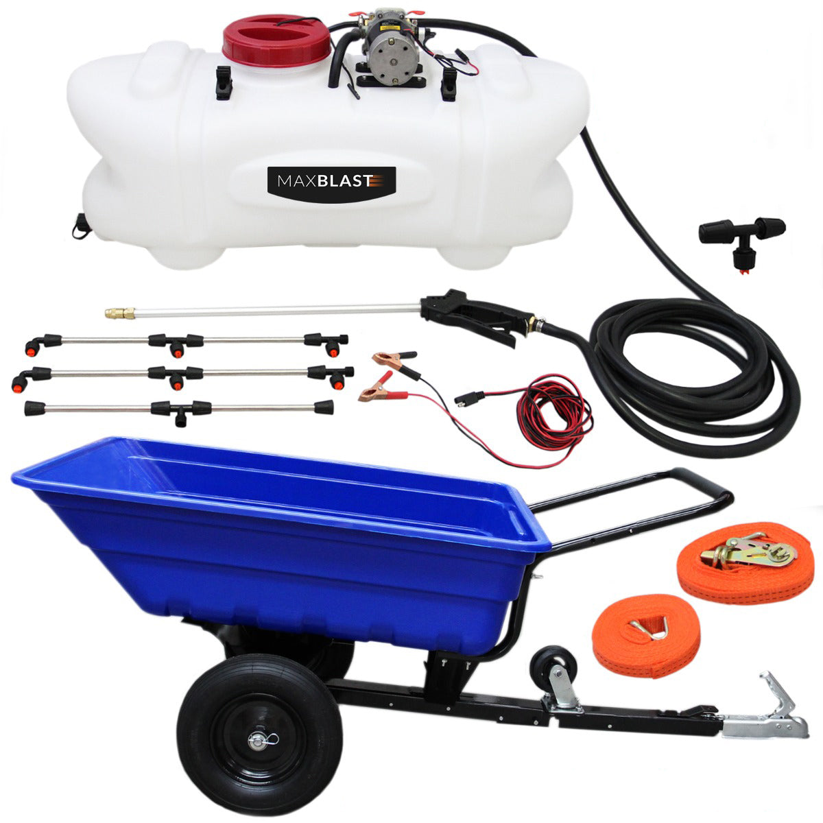 Rimorchio ribaltabile ATV blu con serbatoio bianco da 60 litri, tubi e accessori per irrigazione, ruote robuste e manico ergonomico