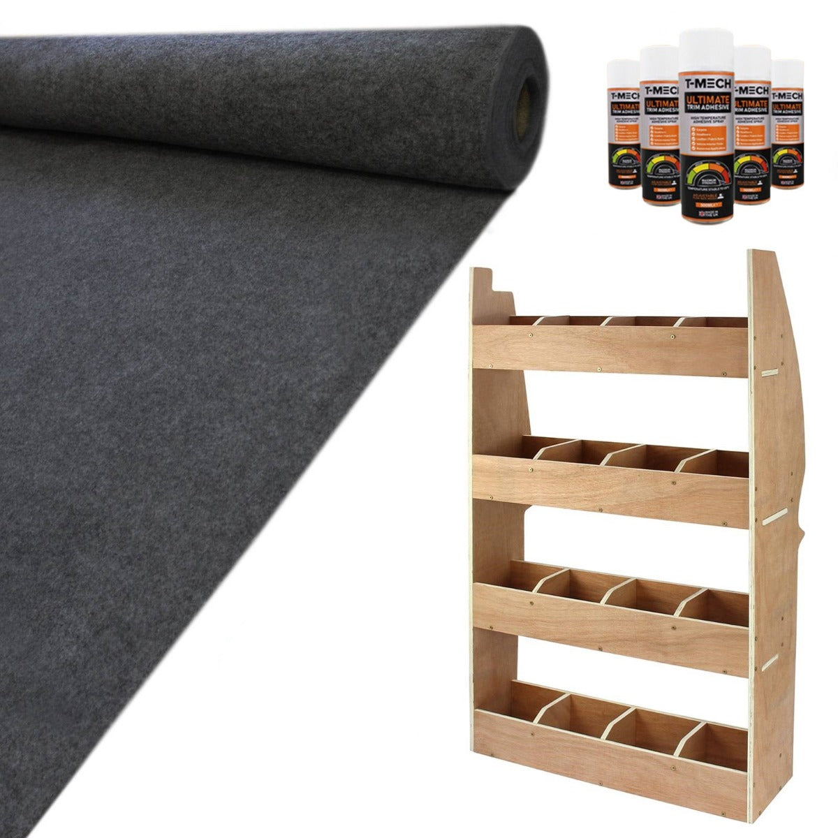 Tappezzeria grigio scuro in feltro, scaffale in legno chiaro con scomparti, prodotti per il montaggio in primo piano