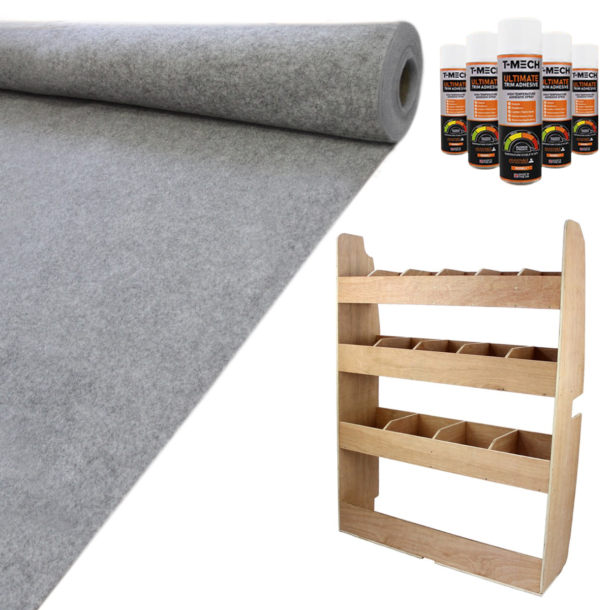 Tappezzeria grigio fumo in feltro con scaffale in legno per furgone Ford Transit, ideale per rinnovare interni e organizzare spazi