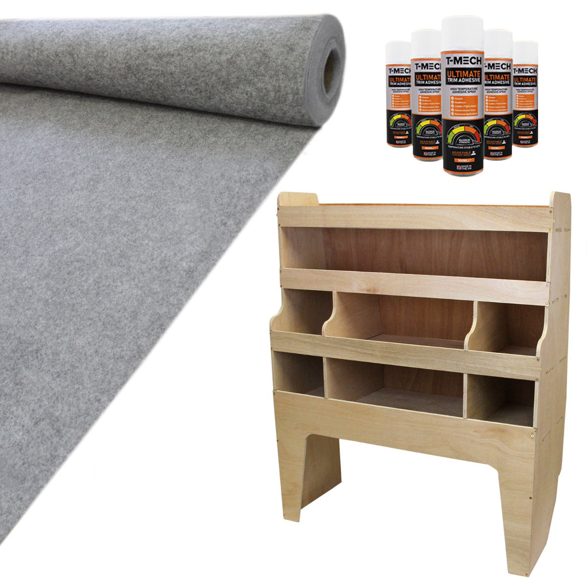 Tappezzeria grigio fumo in feltro e scaffale in legno chiaro con scomparti, ideale per camper e furgoni, resistente e funzionale