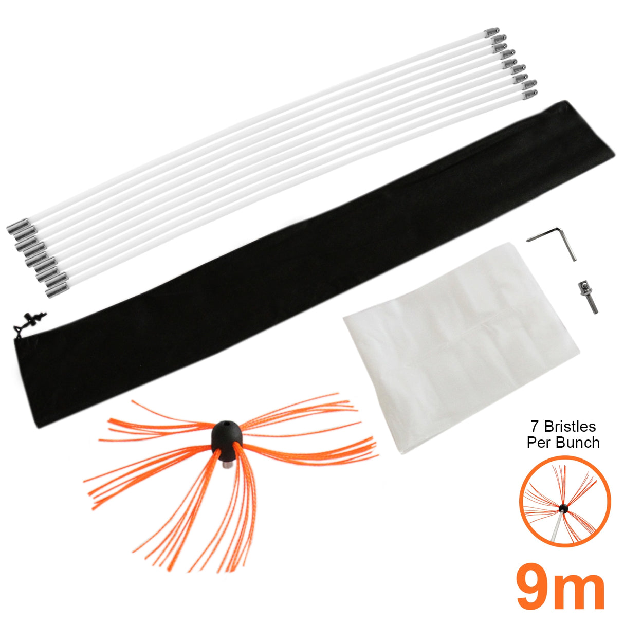 Scovolo spazzacamino MaxBlast 9m con set di aste bianche, setole arancioni, borsa nera e accessori per una pulizia efficace