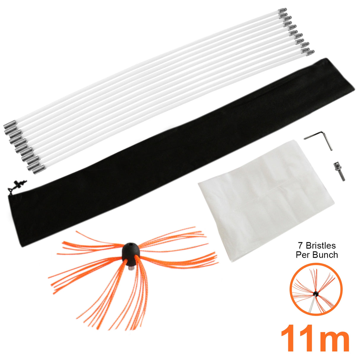 Scovolo spazzacamino MaxBlast 11m con set di aste bianche, setole arancioni e custodia nera per una pulizia efficace e duratura