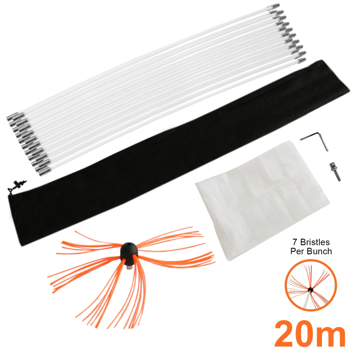 Scovolo spazzacamino MaxBlast 20m con set di aste bianche, spazzola arancione e sacchetto nero per la pulizia dei camini