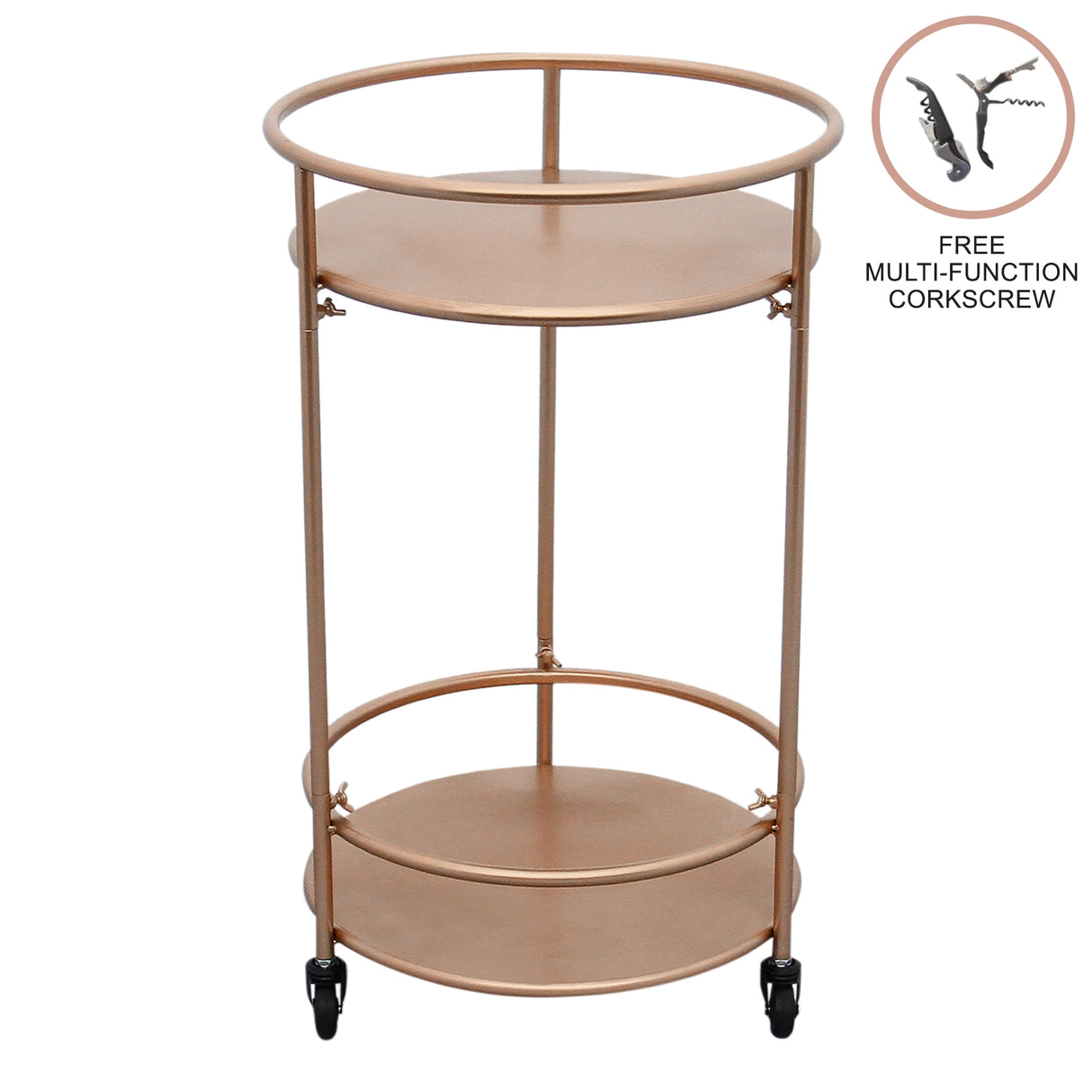 Carrello da cocktail piccolo in oro rosato, con due ripiani rotondi e ruote per una facile mobilità, elegante e funzionale