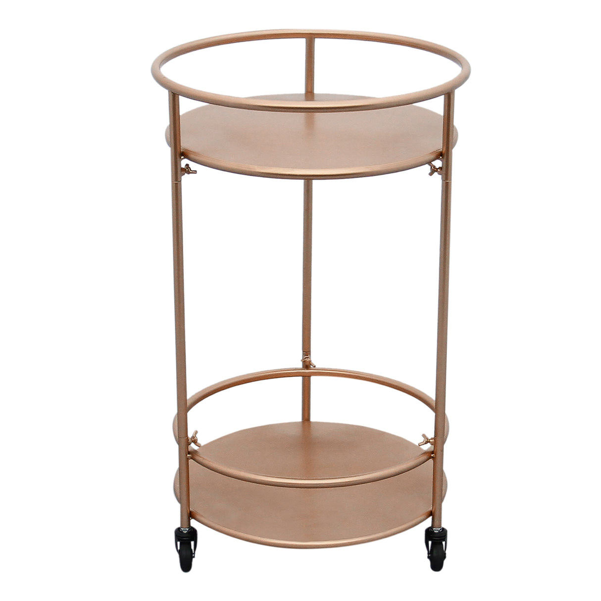 Carrello da cocktail piccolo in oro rosato, con due ripiani rotondi e ruote, perfetto per servire bevande con stile