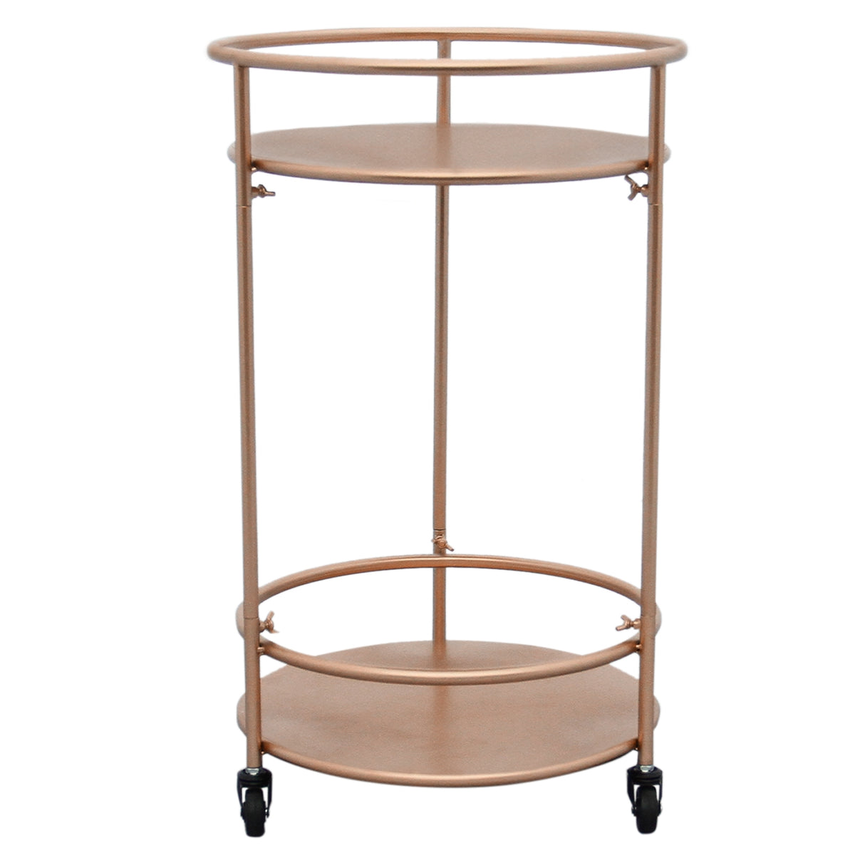Carrello da cocktail piccolo in oro rosato, con due ripiani rotondi e ruote, ideale per servire bevande con stile elegante
