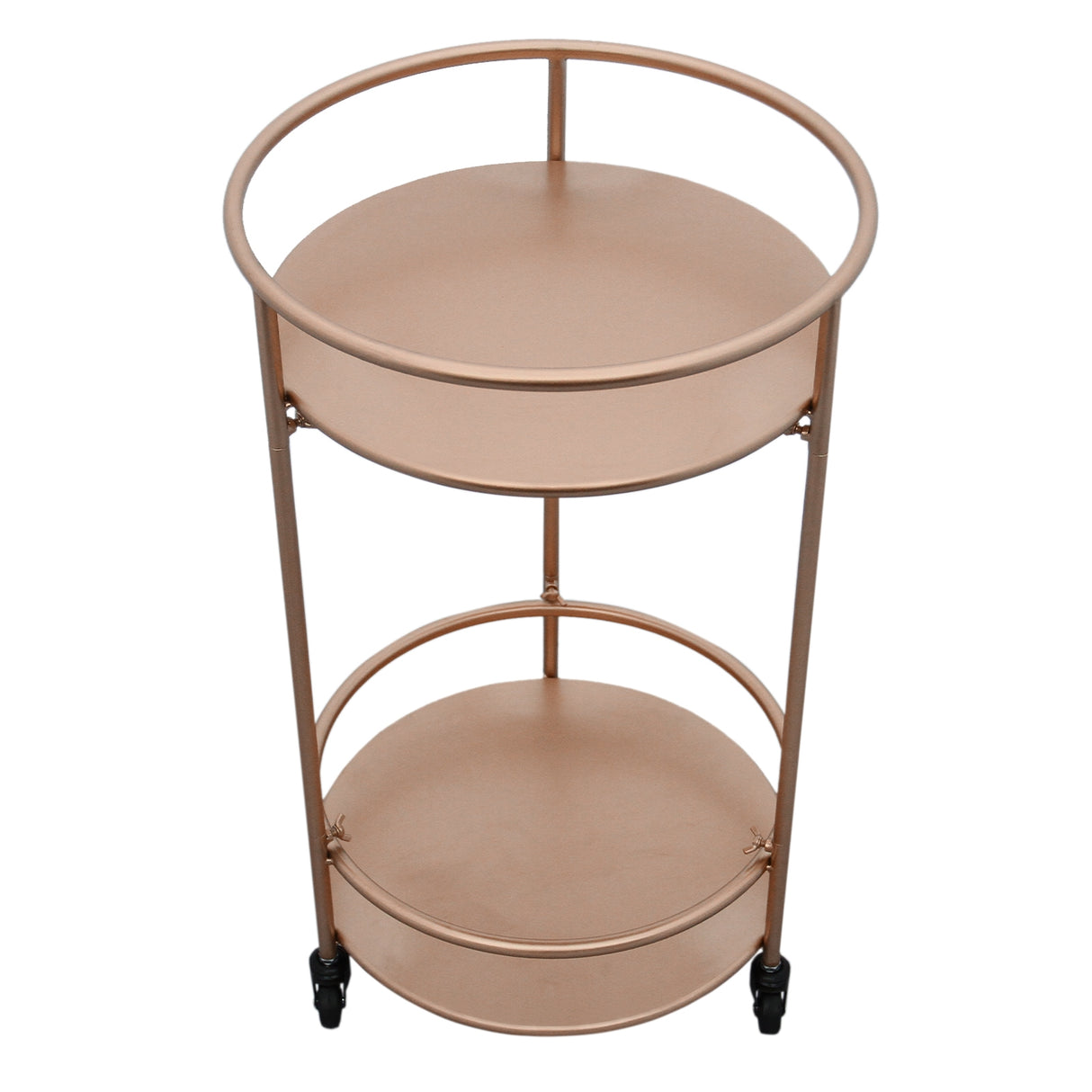 Carrello da cocktail piccolo in oro rosato, con due ripiani rotondi e ruote, perfetto per servire bevande con stile