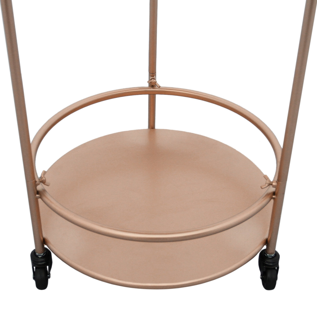 Carrello da cocktail piccolo in oro rosato, con struttura metallica lucida e base rotonda, dotato di ruote per facilità di movimento