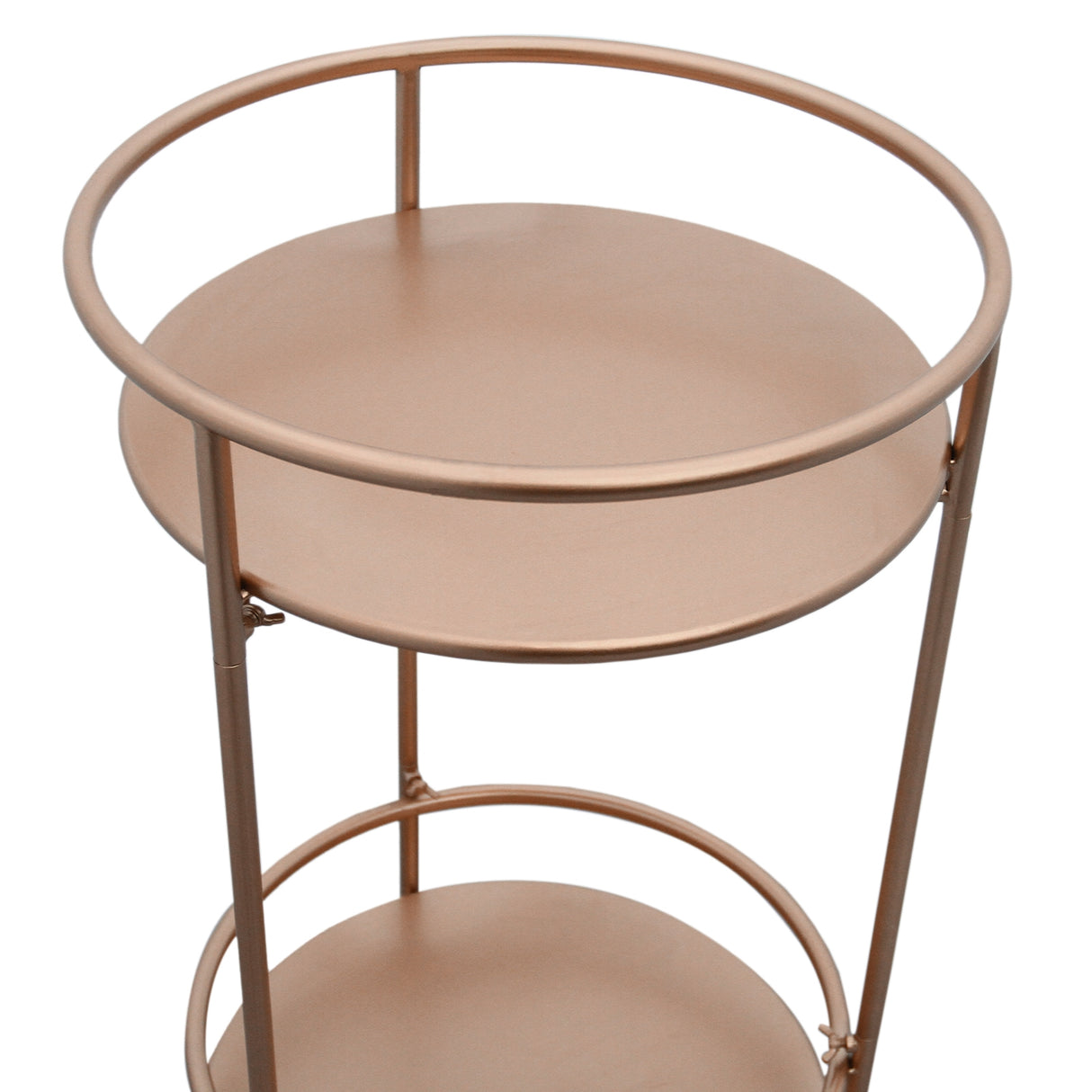 Carrello da cocktail piccolo in oro rosato, con due ripiani rotondi e struttura metallica elegante e lucida, ideale per eventi