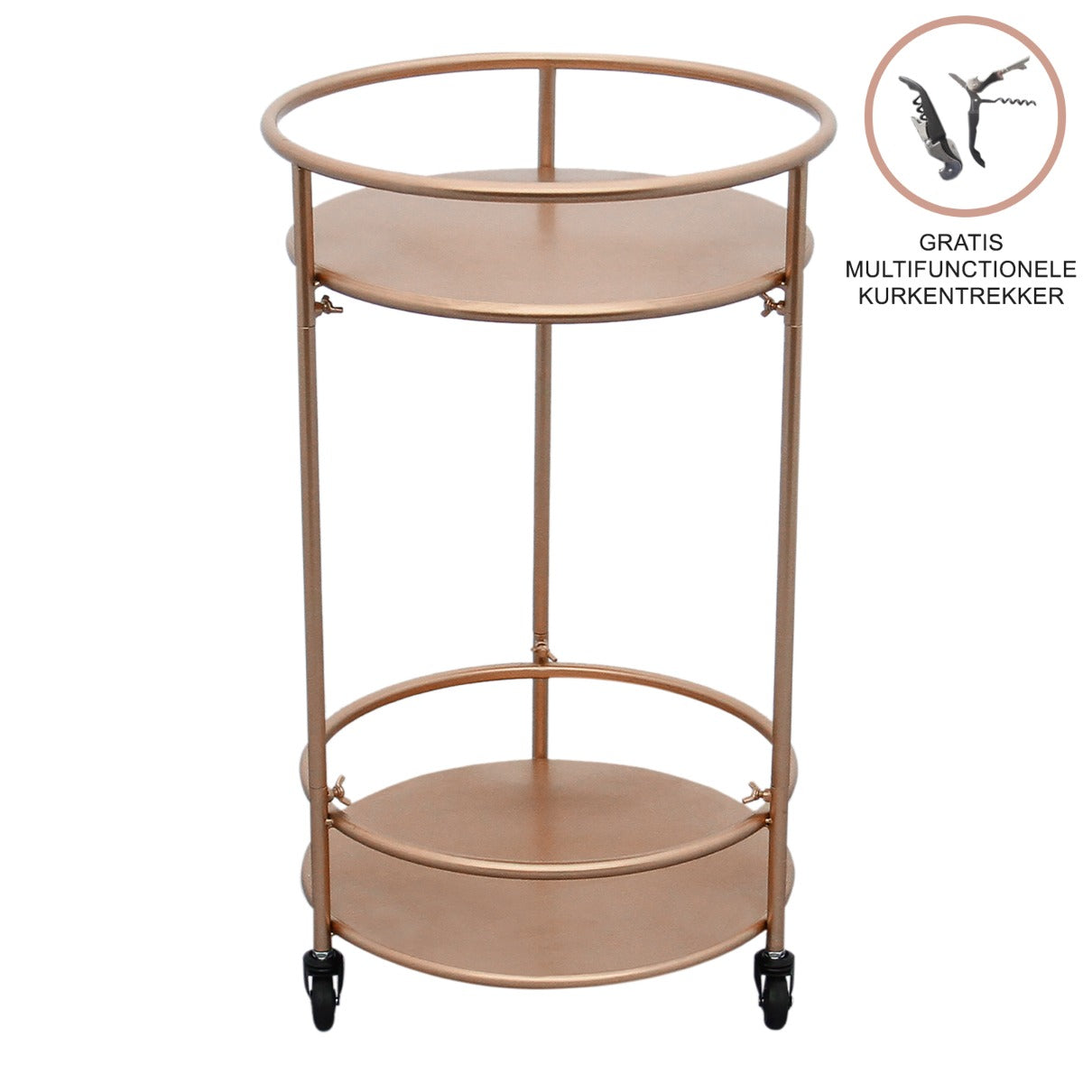 Carrello da cocktail piccolo in oro rosato, con due ripiani rotondi e ruote, ideale per servire bevande con stile elegante