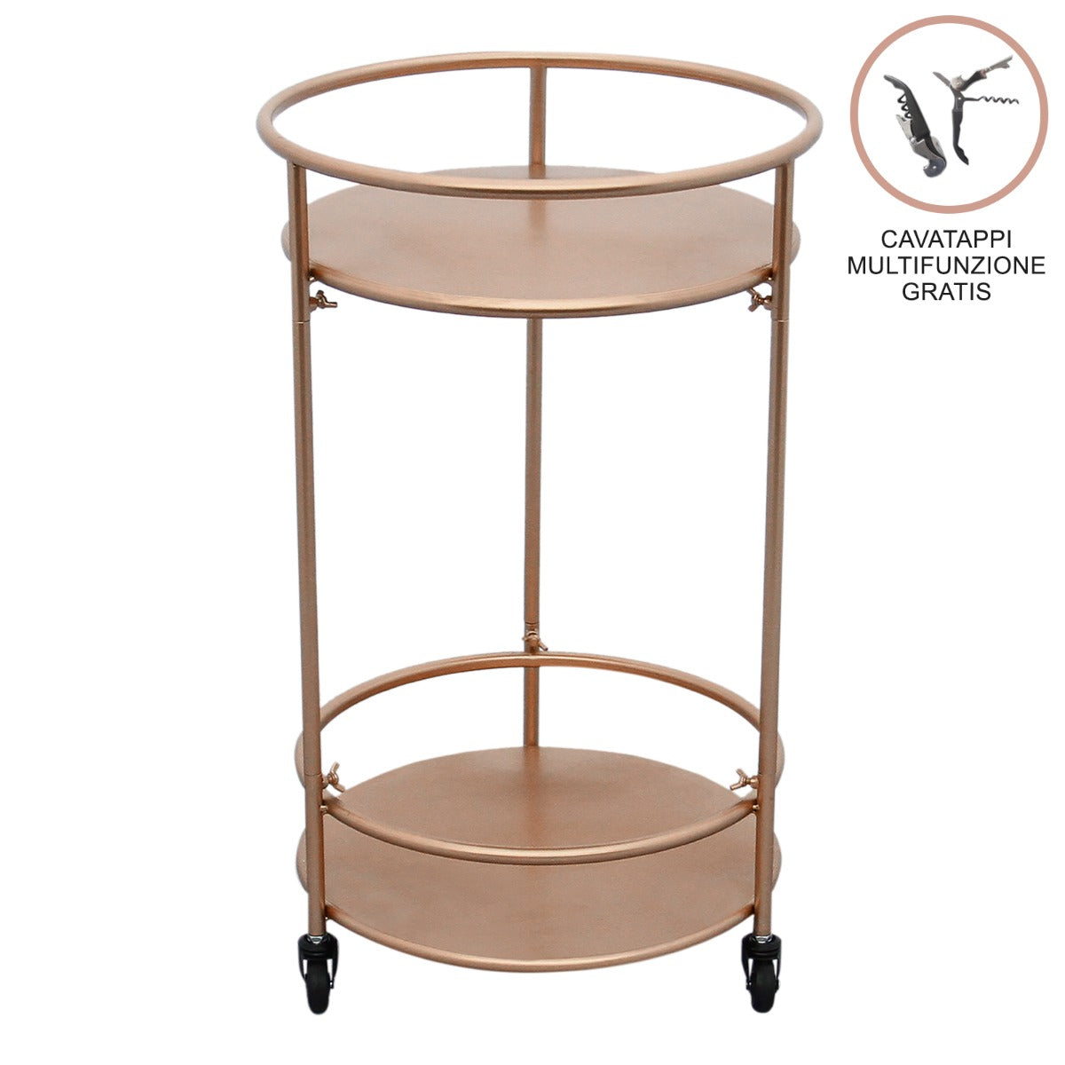 Carrello da cocktail piccolo in oro rosato, con due ripiani rotondi e ruote, elegante e funzionale per servire bevande