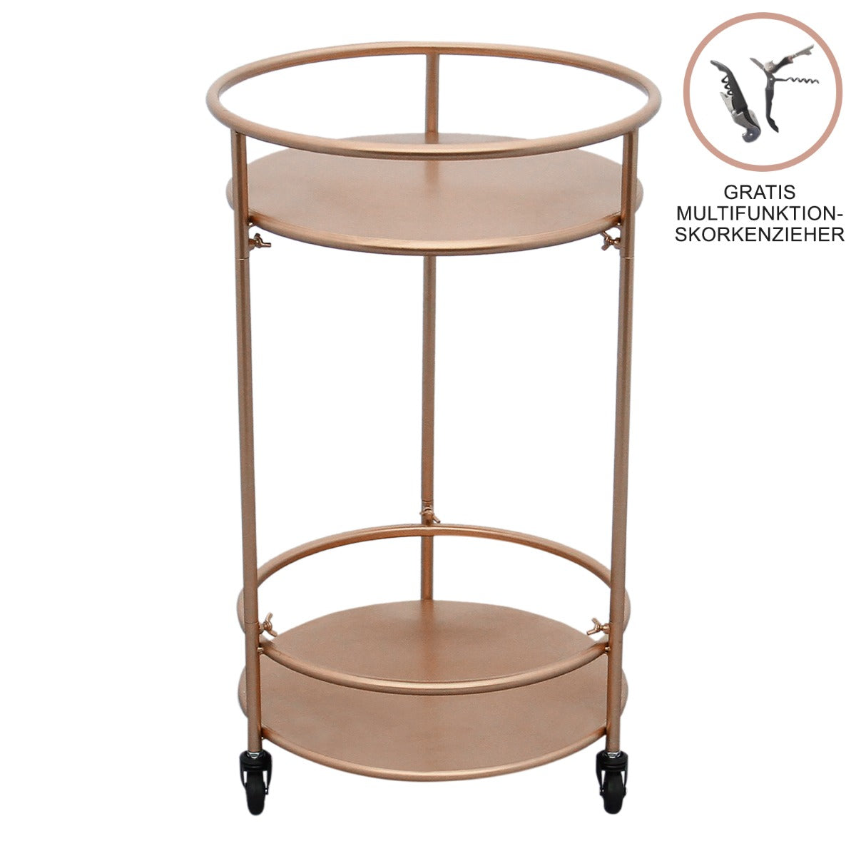 Carrello da cocktail piccolo in oro rosato, con due ripiani rotondi e ruote, ideale per servire drink con eleganza