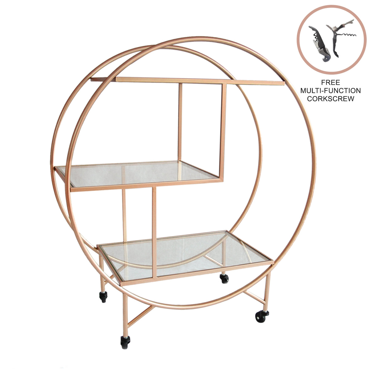 Carrello da cocktail grande in oro rosato con ripiani in vetro trasparente, design elegante e moderno, ruote per facilità di movimento