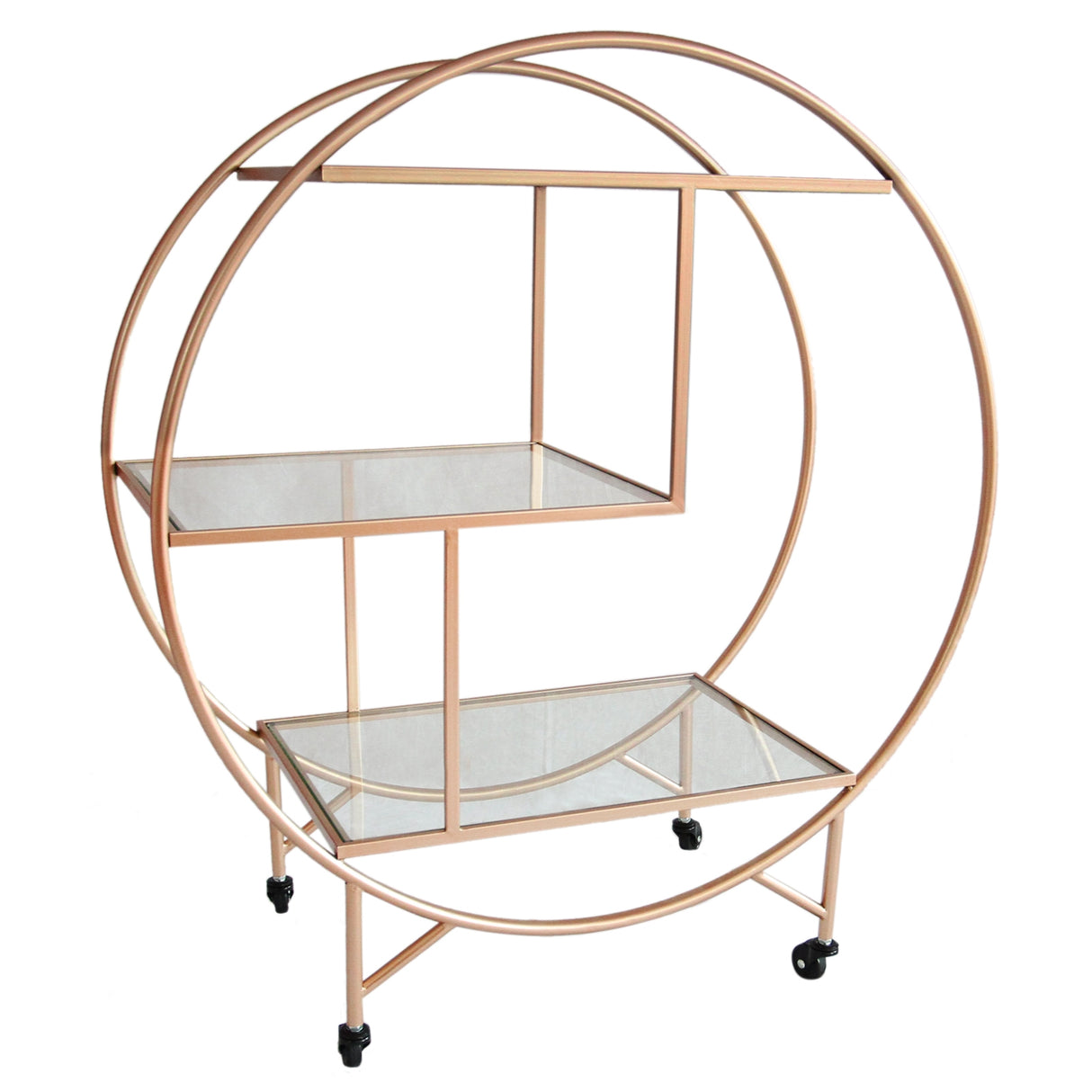 Carrello da cocktail grande in oro rosato, con struttura circolare e ripiani in vetro trasparente, elegante e moderno
