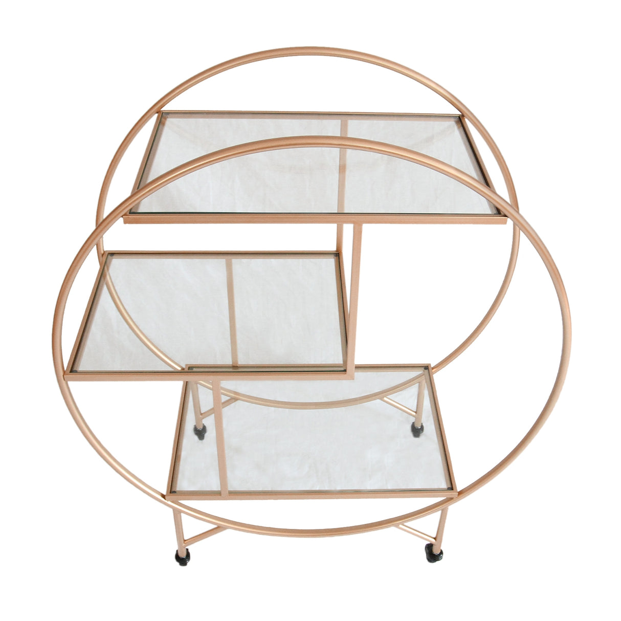 Carrello da cocktail grande in oro rosato con ripiani in vetro trasparente, design moderno e forme circolari eleganti