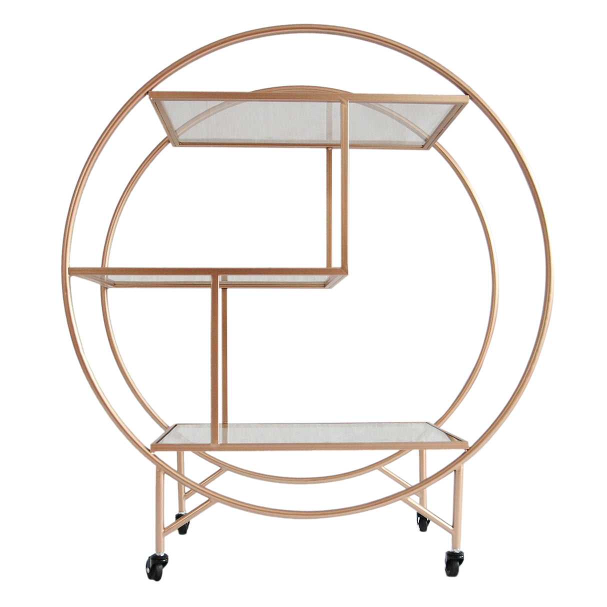 Carrello da cocktail grande in oro rosato, con ripiani in vetro trasparente e struttura circolare elegante, dotato di ruote per facilità di movimento