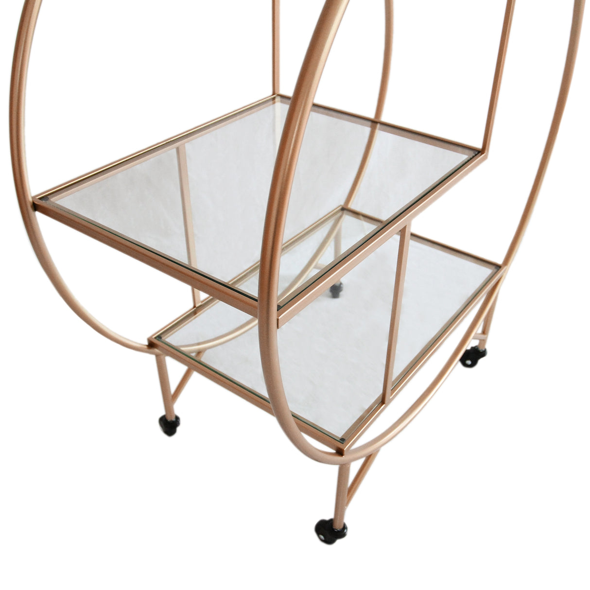 Carrello da cocktail grande in oro rosato con ripiani in vetro trasparente, elegante e moderno, ideale per eventi e feste