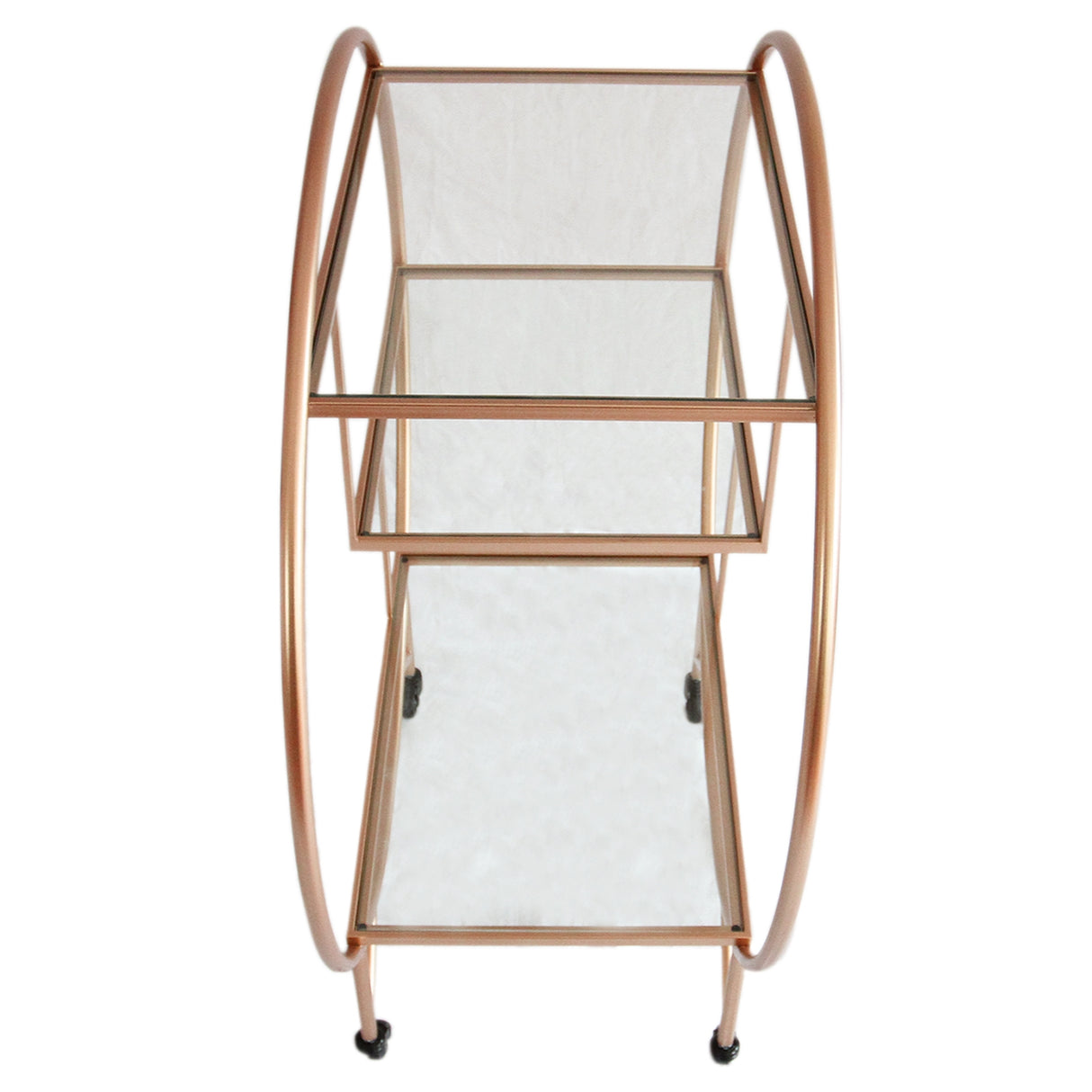 Carrello da cocktail grande in oro rosato, con struttura metallica lucida e ripiani in vetro trasparente, elegante e moderno