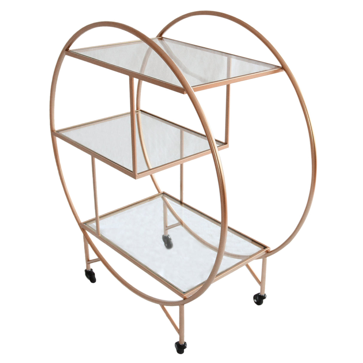 Carrello da cocktail grande in oro rosato con tre ripiani in vetro, design elegante e moderno, ruote per facile mobilità