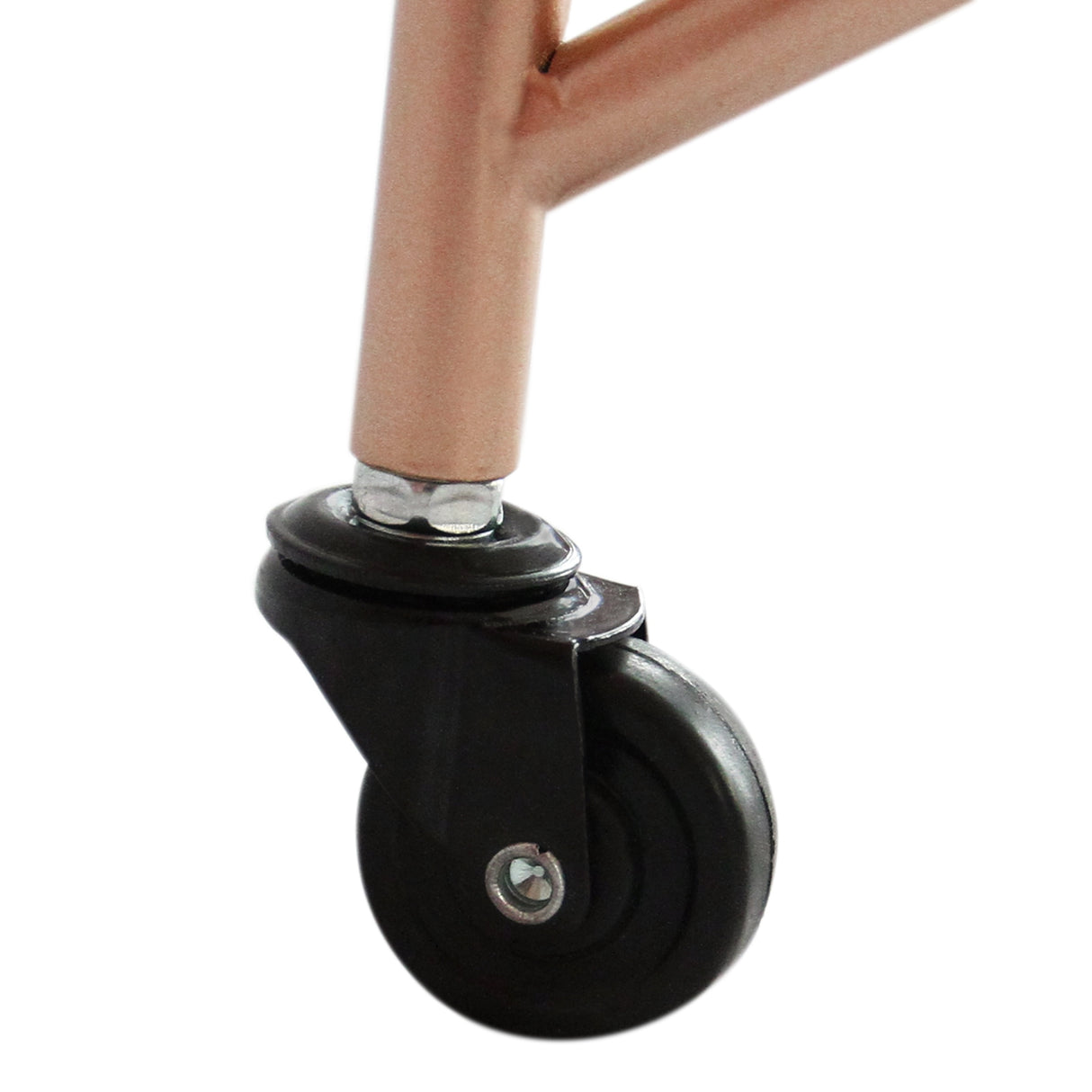 Ruota nera in gomma di un carrello da cocktail grande, con struttura in metallo oro rosato, elegante e funzionale per ogni ambiente