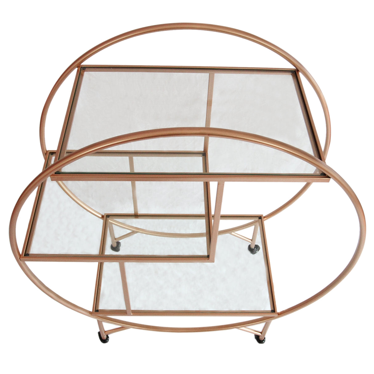 Carrello da cocktail grande in oro rosato, con ripiani in vetro trasparente e design elegante a forma di cerchio, ruote in metallo