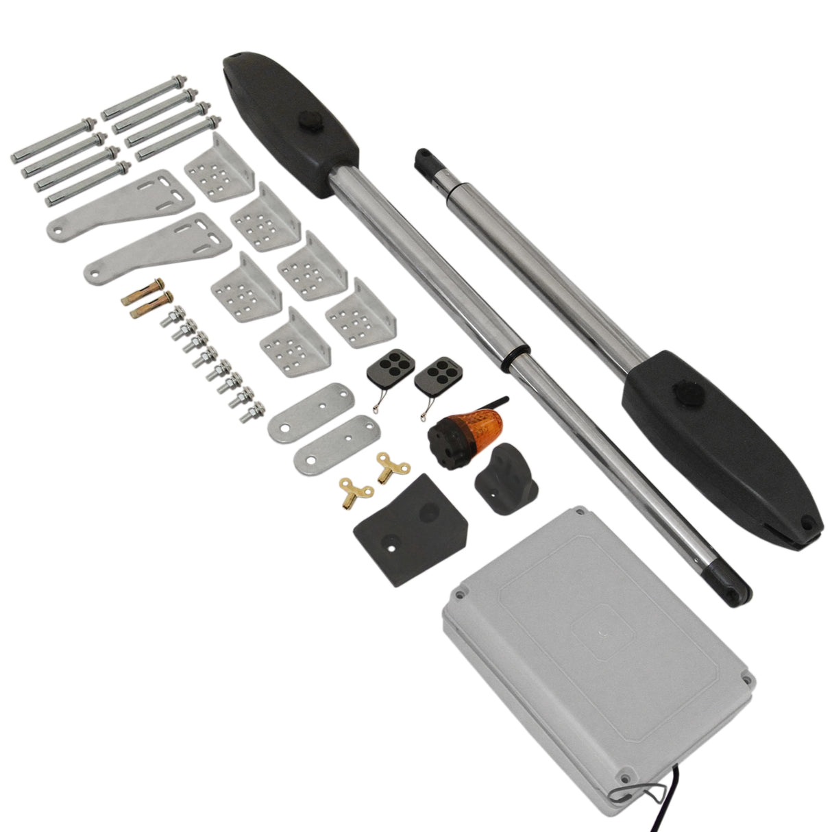 Set apri cancello battente con due attuatori metallici, accessori in acciaio, viti e componenti per installazione, finitura grigia e nera