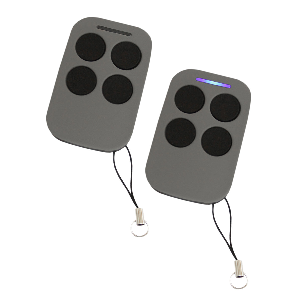 Set di telecomandi grigi per aprire cancelli battenti, con quattro pulsanti neri e una luce LED blu, design ergonomico e compatto