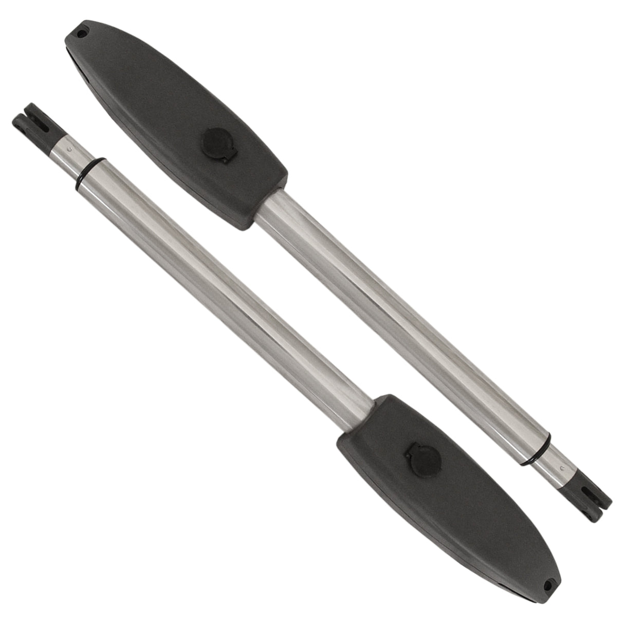 Set di due attuatori per apri cancello battente, con corpo in acciaio inox e copertura nera in plastica, design elegante e robusto