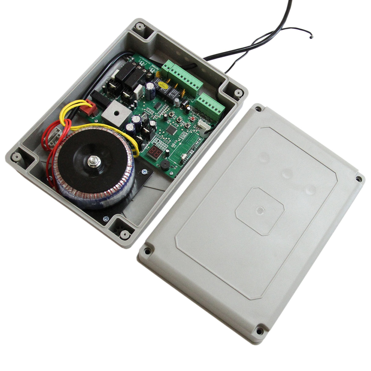 Set apri cancello battente con circuito elettronico, cavi colorati, e custodia grigia in plastica resistente, ideale per automazione cancelli