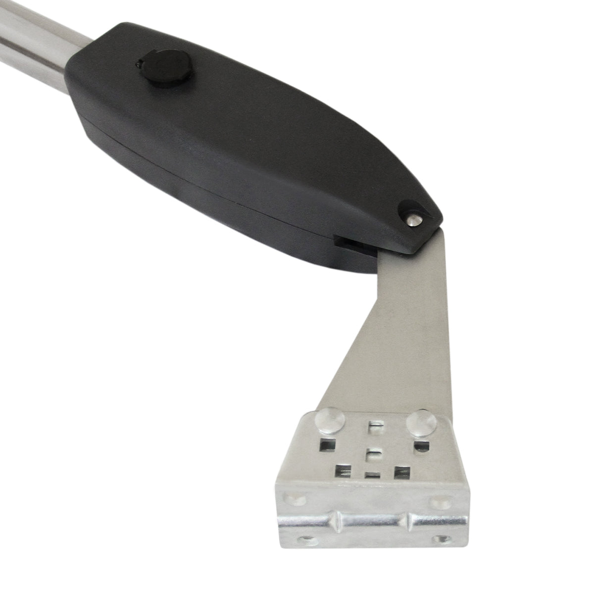 Set apri cancello battente con braccio in acciaio inox e corpo in plastica nera, design robusto e funzionale per cancelli automatici