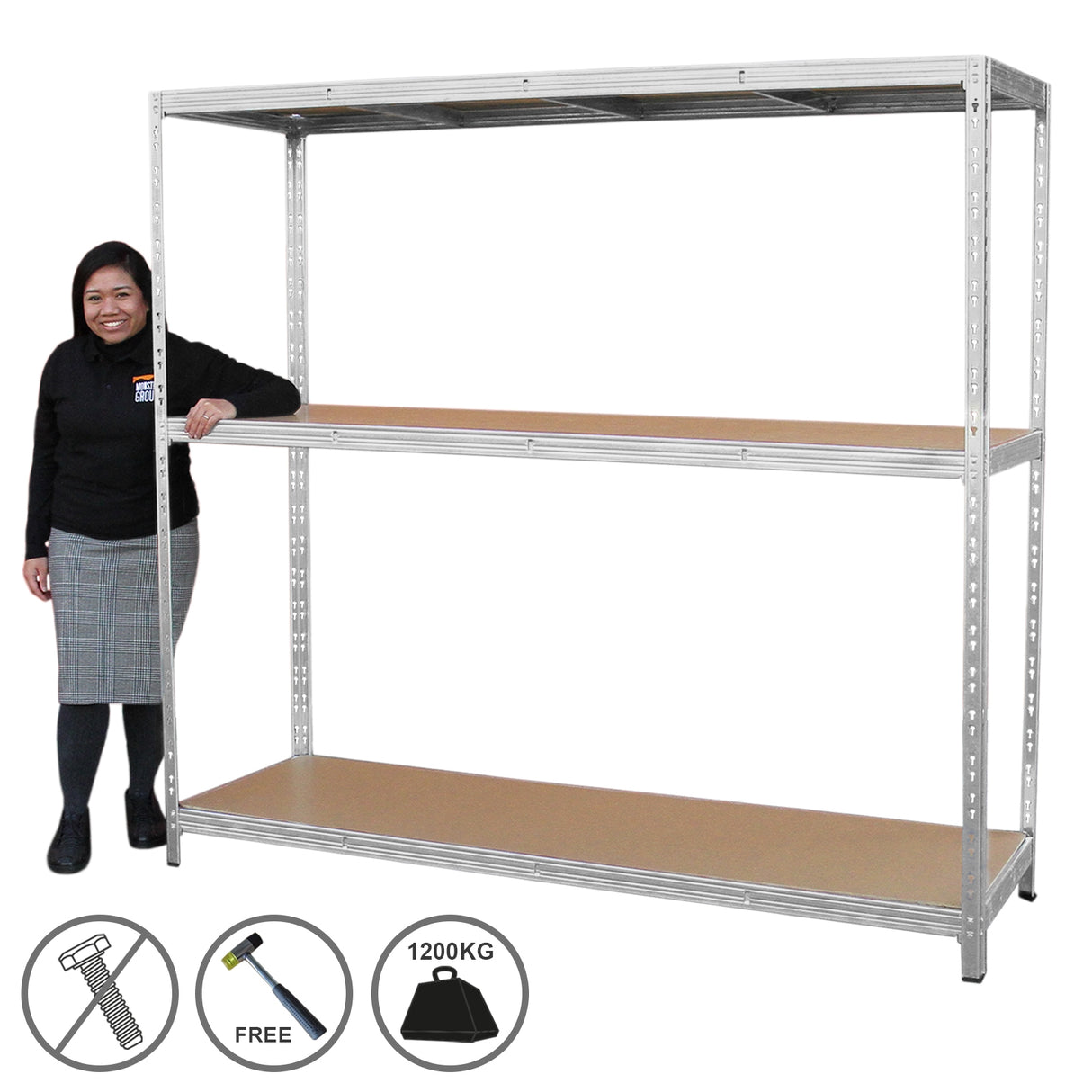 Scaffale HD Rax per uso pesante, struttura metallica grigia, ripiani in legno, capacità di carico fino a 1200 kg, design robusto e funzionale