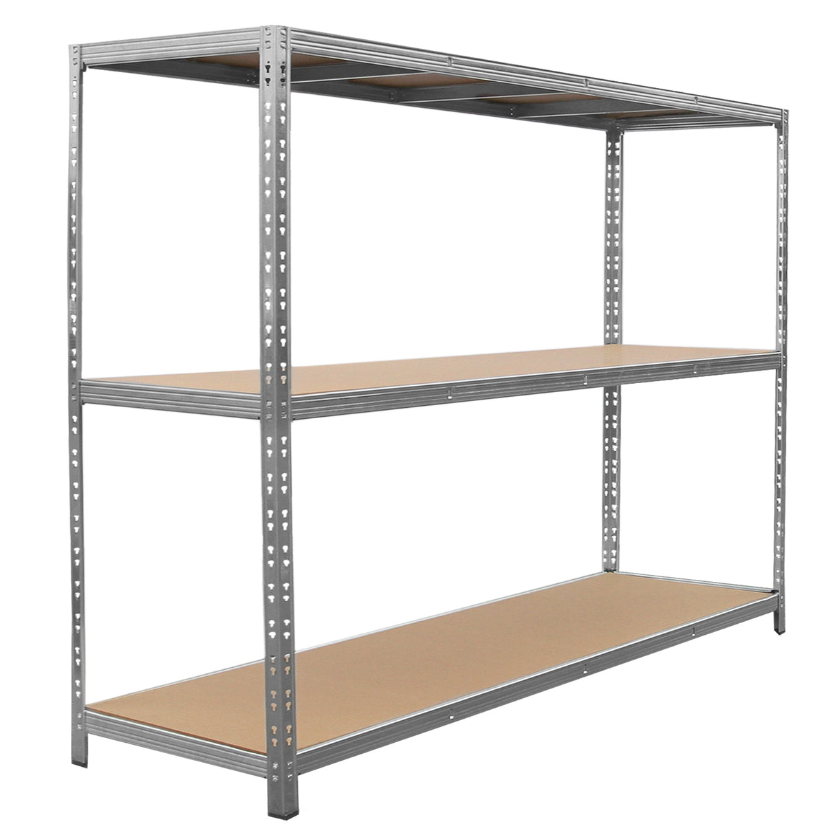 Scaffale HD Rax per uso pesante, struttura metallica grigia, tre ripiani in MDF beige, robusto e ideale per stoccaggio