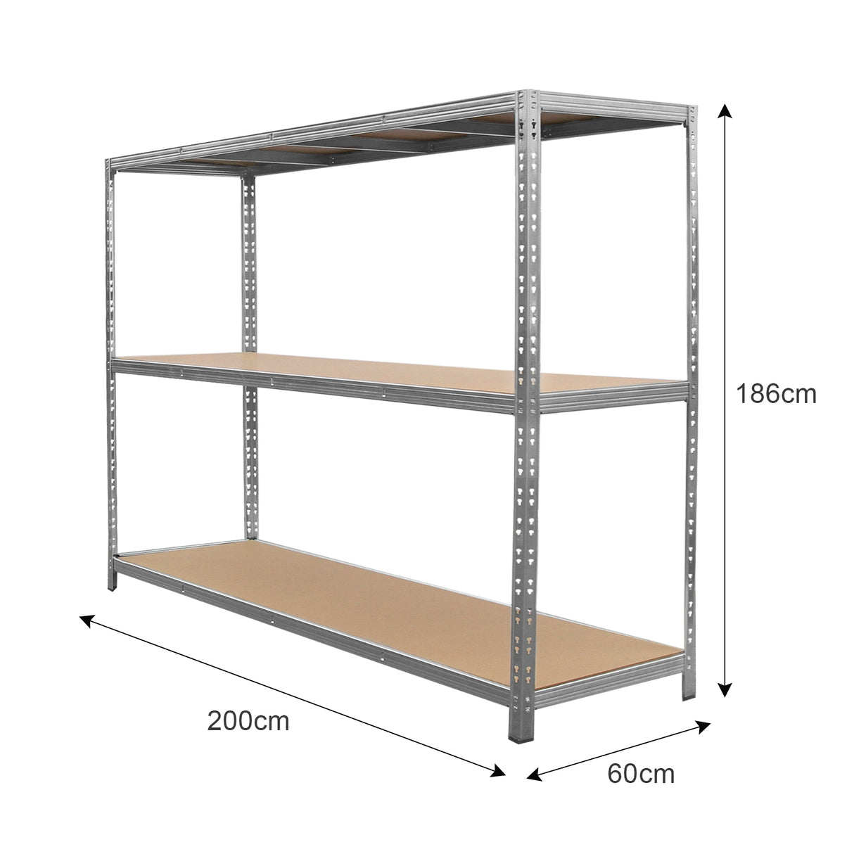 Scaffale HD Rax per uso pesante, struttura metallica grigia, tre ripiani in MDF, dimensioni 200x60x186 cm, ideale per stoccaggio robusto