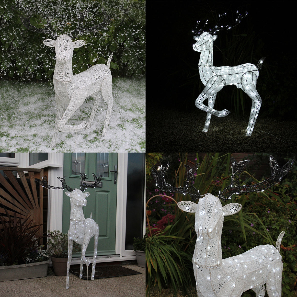 Renna di Natale luminosa maschio, bianca, con dettagli in rete, corna decorate e luci LED, ideale per decorazioni festive all'aperto