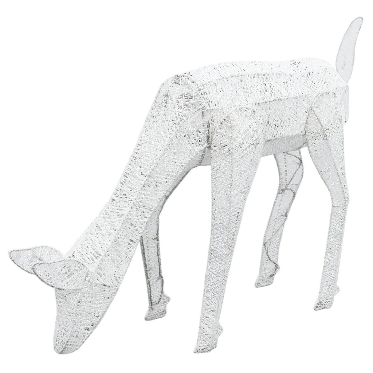 Renna di Natale luminosa femmina in bianco, realizzata con rete metallica, con dettagli eleganti e un design festivo per decorazioni natalizie